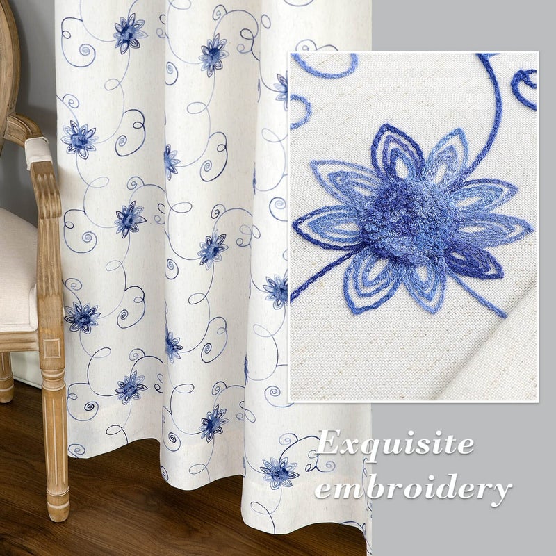 VOGOL Bedroom Curtains 96 Inches Long, Blue Floral Embroidered Elegant Window Treatments for Living Dining Room, Top Grommet, 2 Pieces - Image 5